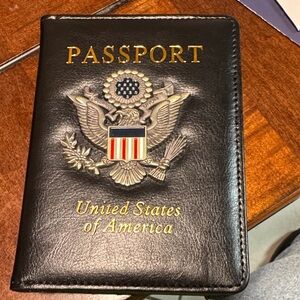 Black Leather Passport Holder with Gold Embossing